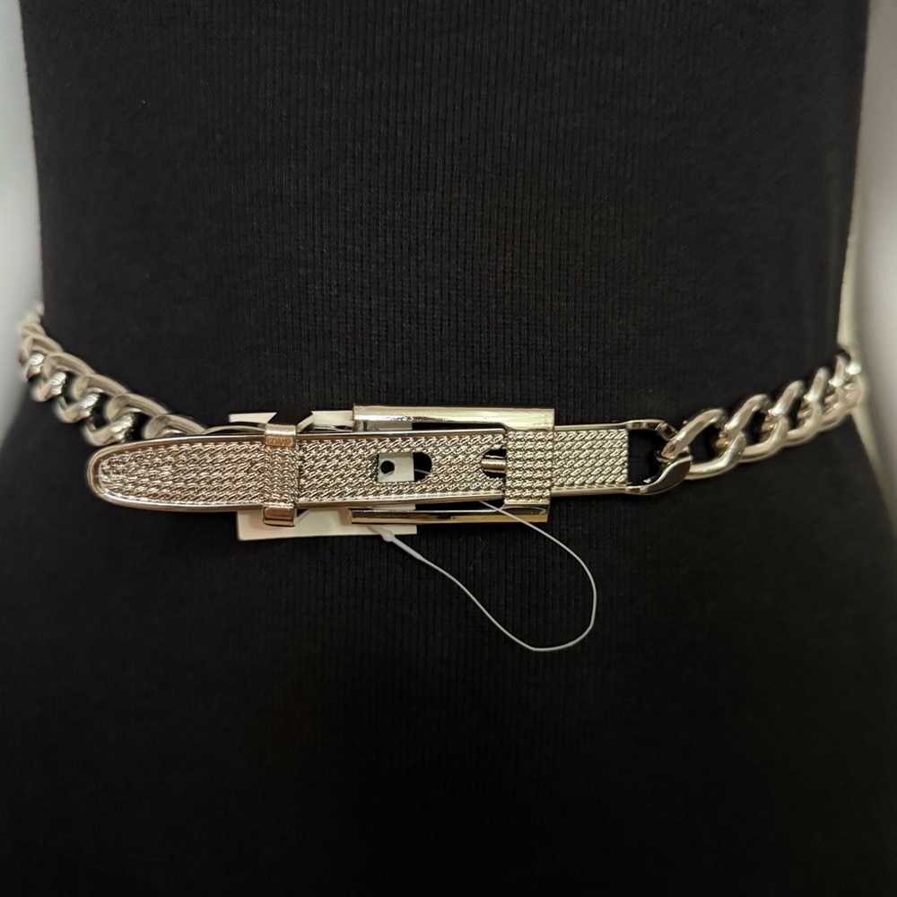 Silver tone metallic skinny chain belt